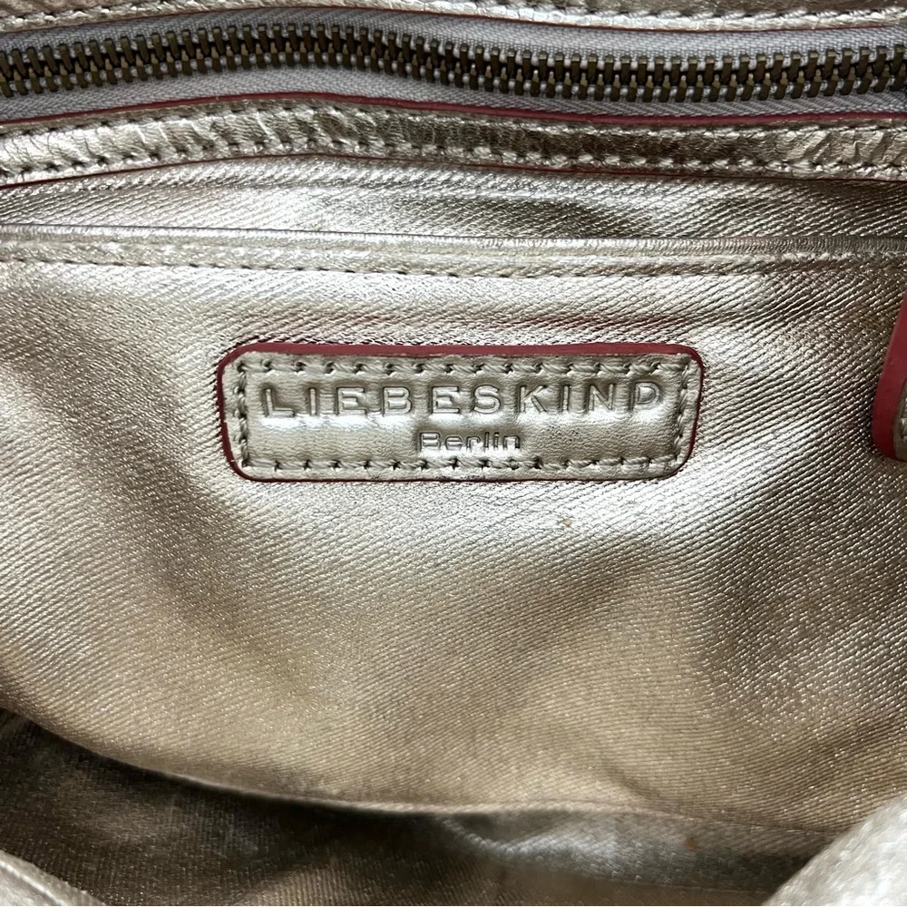 LIEBESKIND Berlin Gray Snake Print Leather Red Stitching Flap Shoulder Bag Tote